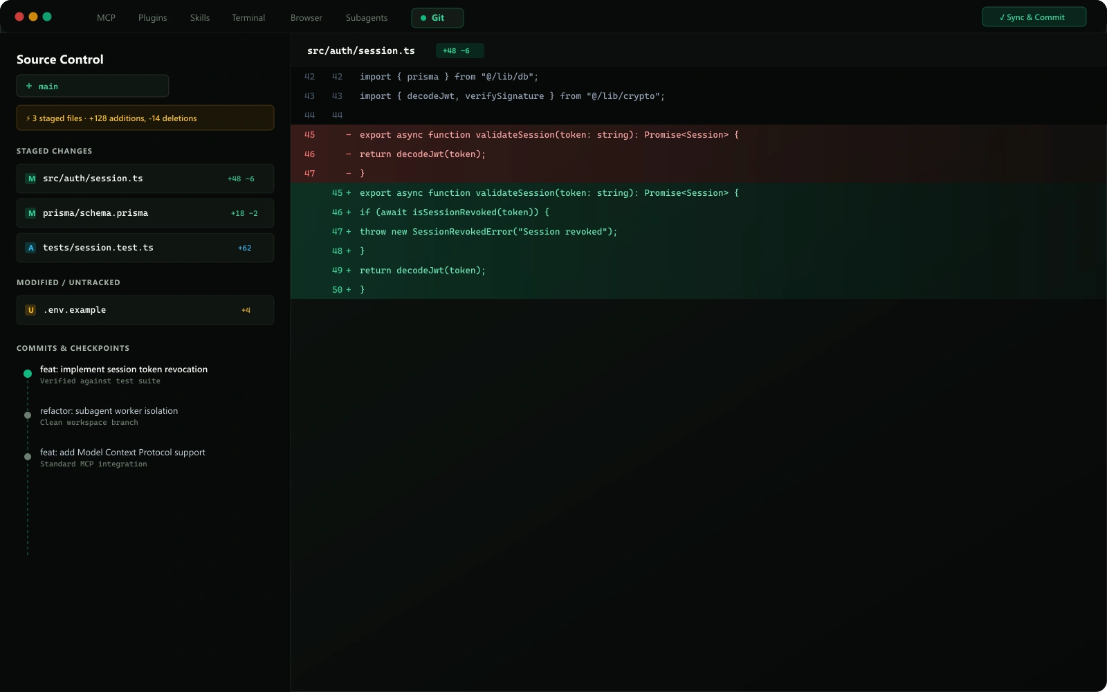 HermOS Git Diff Panel and branch checkpoint manager